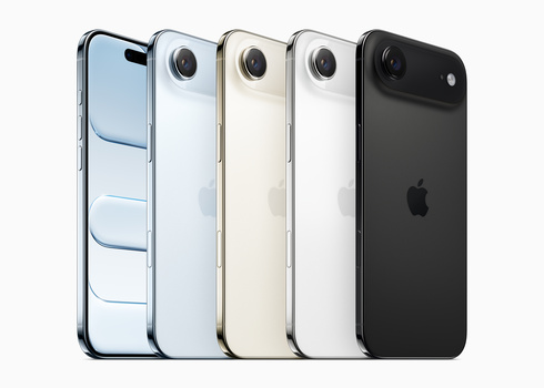Five smartphones arranged in a line, displaying different color options from left to right: blue, white, beige, white, and black.