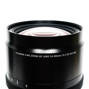 Fujifilm Cine Zoom GF lens 32-90mm f/3.5 PZ mounted on white background.