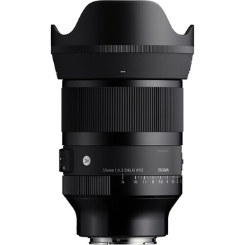 Wide-angle zoom lens with hood attached, displaying focal length markings and aperture ring on black background.