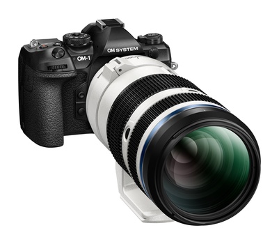OM System OM-1 mirrorless camera with white telephoto zoom lens attached.