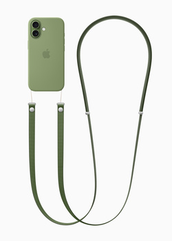 Green iPhone case with matching lanyard strap and attachment hardware displayed flat.