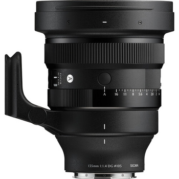 Sigma 135mm f/1.4 DG HSM Art lens with focus ring and distance scale visible against white background.