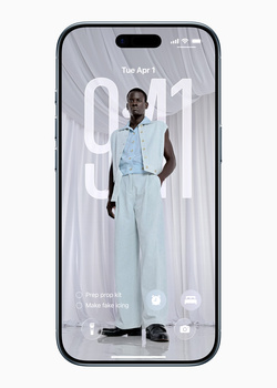 Smartphone displaying a portrait of a person in light blue clothing against a striped background.
