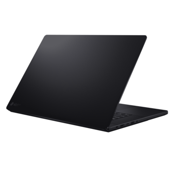Black laptop computer shown at an angle with lid partially open and keyboard visible.