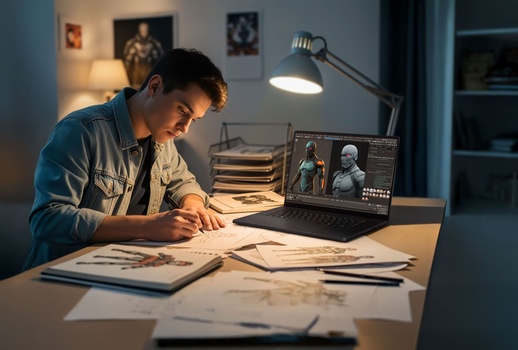 Artist sketching character designs at a desk while referencing 3D models on a laptop screen.