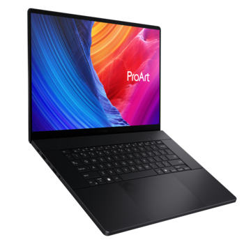 Black laptop displaying colorful abstract gradient wallpaper with blue, orange, and pink streaks.