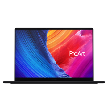 Black laptop displaying colorful abstract diagonal stripes in blue, orange, and pink with ProArt text overlay.