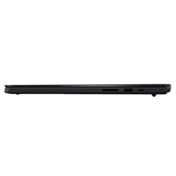 Side profile view of a closed laptop computer displaying ports and vents along the edge.