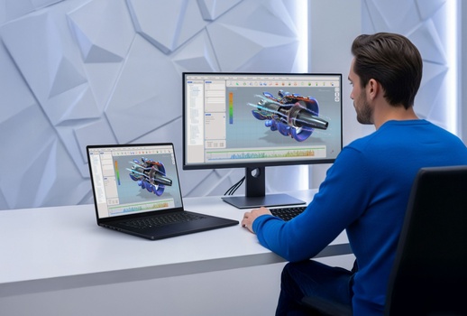 Engineer viewing 3D CAD model of industrial machinery on dual monitors in bright office setting.