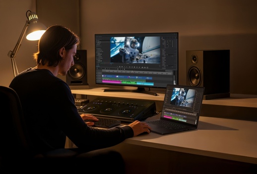 Video editor working at a desk with dual monitors displaying timeline software and color grading panels.