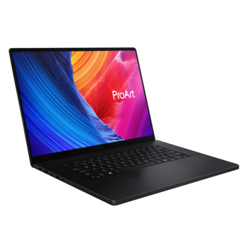 Laptop computer displaying colorful gradient screen with blue, orange, and pink hues.