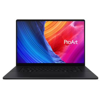 Laptop displaying colorful abstract gradient design with blue, orange, and magenta diagonal stripes.