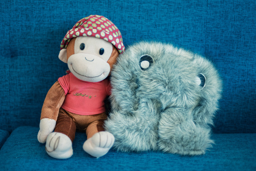 Two plush toys sitting against a blue textured background: a monkey wearing a pink polka-dot hat and coral shirt, and a gray elephant.