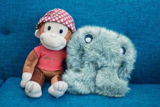 Two stuffed plush toys against a bright blue textured background.