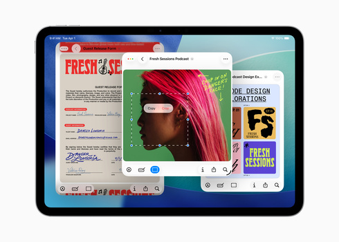 Screenshot of multiple browser windows displaying design portfolios and podcast content on a tablet screen.