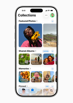 Screenshot of iOS Photos app Collections tab showing Featured Photos, Shared Albums, Memories, and Pinned sections.