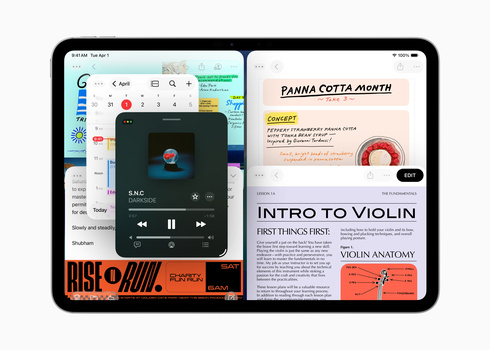 Screenshot of tablet interface displaying multiple apps including music player, educational content about violin, and panna cotta recipe guide.