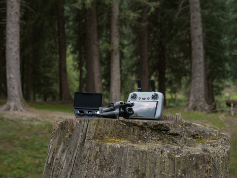 Two drones positioned on a weathered tree stump in a forest clearing, with tall conifers visible in the background.