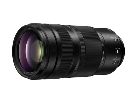 Black telephoto zoom lens with purple-tinted glass elements visible in the front.