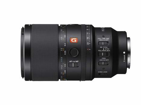 Sony FE 100mm f/2.8 GM macro lens with focus ring and AF/MF switch visible on barrel.