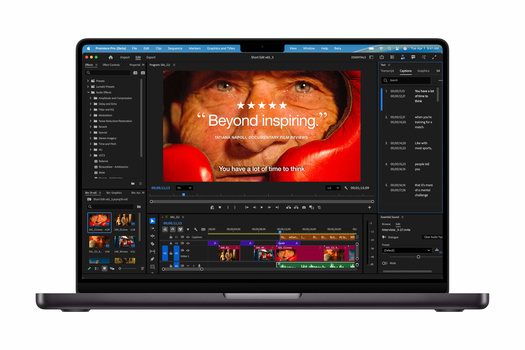 Screenshot of professional video editing software displaying a colorful timeline with media clips and text overlay on main canvas.