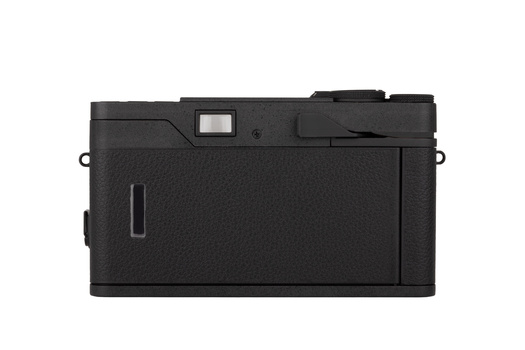 Black rangefinder camera shown from above, displaying top plate with viewfinder window and shutter release button.