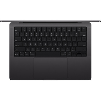 Overhead view of a dark laptop showing keyboard and trackpad against white background.
