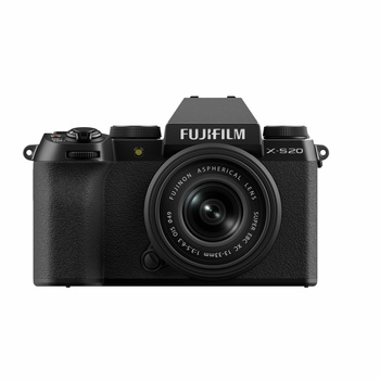 Fujifilm X-S20 mirrorless camera with attached 18-55mm kit lens, shown from front against white background.