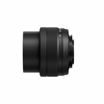 Black camera lens with focus and zoom rings shown in profile against a white background.