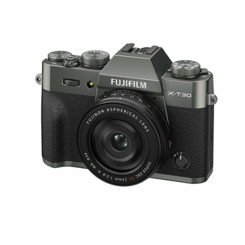 Fujifilm X-T30 mirrorless camera with attached prime lens, shown against white background.
