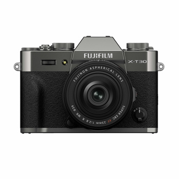 Fujifilm X-T30 mirrorless camera with XC 15-45mm kit lens, shown from front in titanium and black finish.