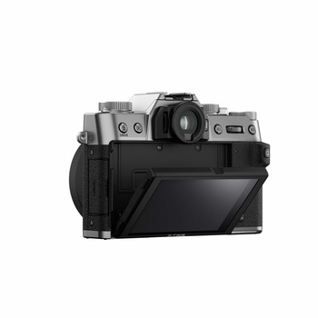 Compact rangefinder camera with silver top plate and black body, shown from rear three-quarter angle with LCD screen visible.