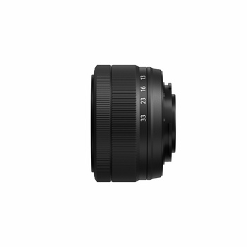 Black camera lens with focal length markings visible on the barrel against a white background.
