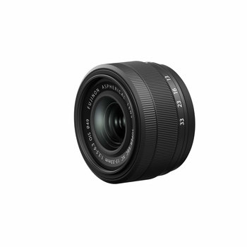 Black compact camera lens with focus ring and focal length markings on white background.