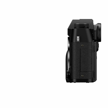 Black mirrorless camera body shown from the side, displaying the grip and control layout.