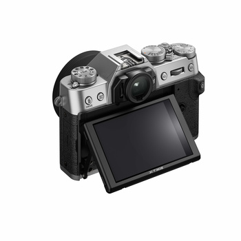 Mirrorless camera with articulating LCD screen and dual control dials displayed against white background.