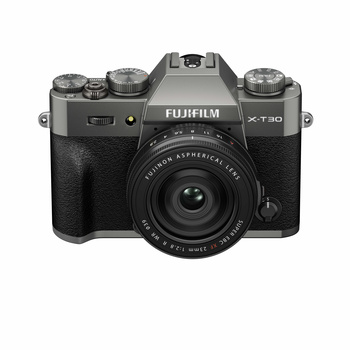 Fujifilm X-T30 mirrorless camera with attached XF 27mm lens, shown from front view against white background.