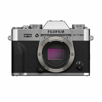 Fujifilm X-T30 mirrorless camera body shown front-on against white background.
