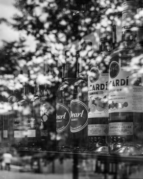 Black and white photograph of liquor bottles behind a window with reflections of foliage and sky.