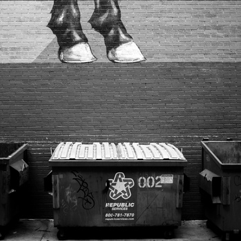 Person standing on a bench above a dumpster with a xylophone on top, shot from above in black and white.