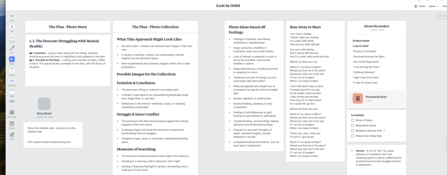 Screenshot of a project planning document titled 'Lost in Orbit' displaying multiple sections with text and organizational content.
