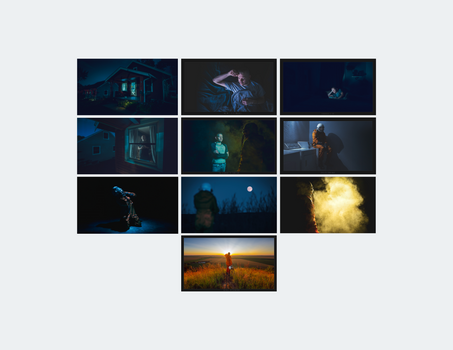 Cinematic color-graded stills arranged in a grid showing dramatic lighting and moody blue tones.