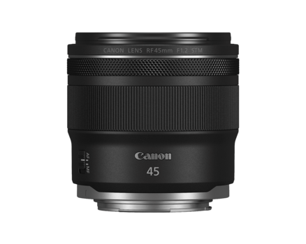 Canon RF 45mm f/1.8 macro lens with black barrel and glass elements visible.