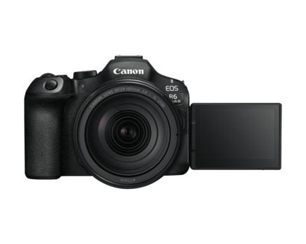 Canon EOS R5C mirrorless camera with articulating touchscreen and RF lens kit displayed at a three-quarter angle.