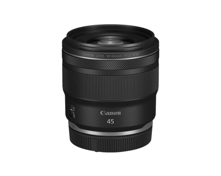 Canon RF 45mm f/2.8 macro lens with black barrel and Canon branding visible.