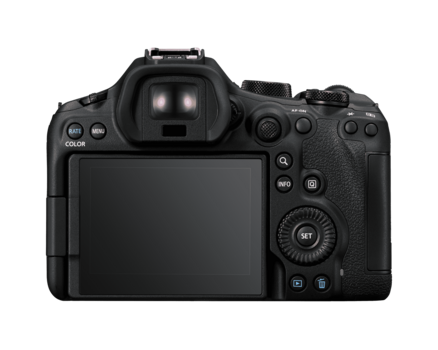 Rear view of a Canon mirrorless camera showing LCD screen and control buttons.