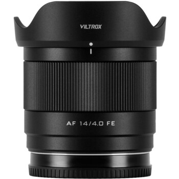 Viltrox AF 14/4.0 FE lens with lens hood attached, shown against a neutral background.