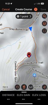 Screenshot of a hiking route planning app showing Gray Butte Trail with elevation profile and distance metrics.