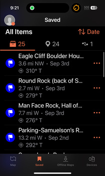 Screenshot of a mobile app's Saved locations list displaying photography landmarks with distances and dates.