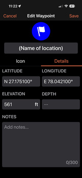 Screenshot of a mobile waypoint editing interface with location coordinates and elevation data.